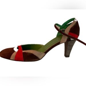 Coclico Suede Colorblock Heels wood Stacked Heel 39.5 Round Toe
